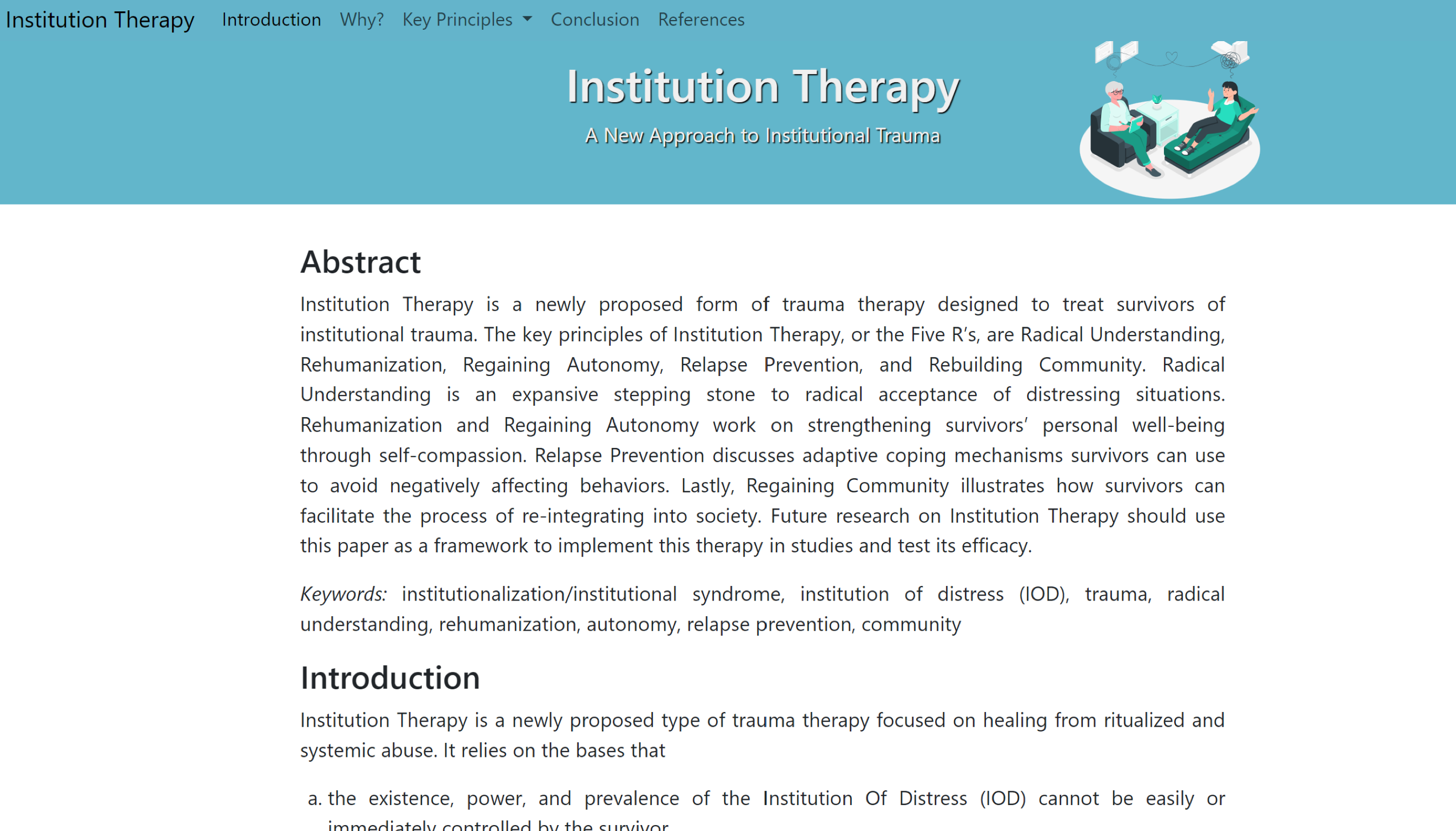 Screenshot of the home page of institutiontherapy.org